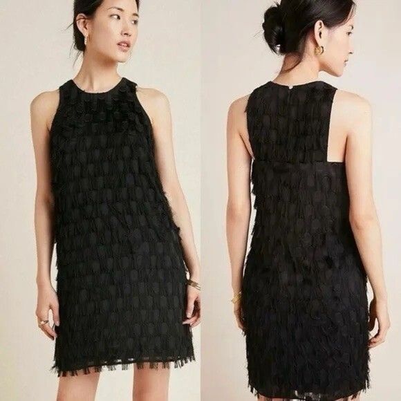 Anthropologie Roxie Black Fringe Mini Dress Textured Sleeveless Size 2 Party - Picture 1 of 10